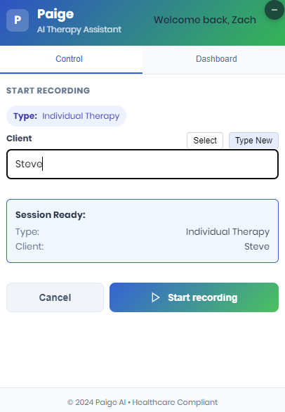 Client selection interface showing dropdown with existing clients