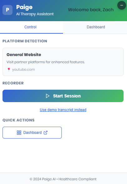 Paige extension control panel with start session button
