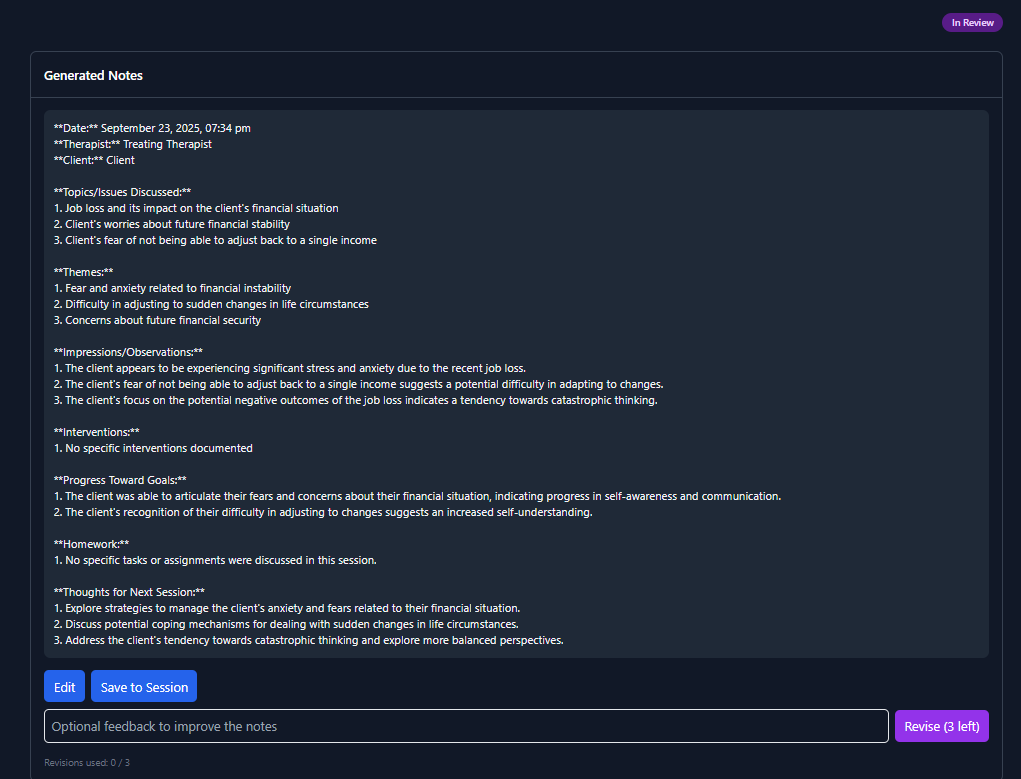 Generated clinical notes interface with editing options and save functionality