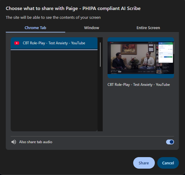 Browser permission dialog for screen sharing and microphone access