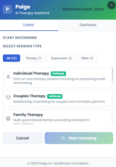 Session type selection showing individual therapy, couples therapy, and other options