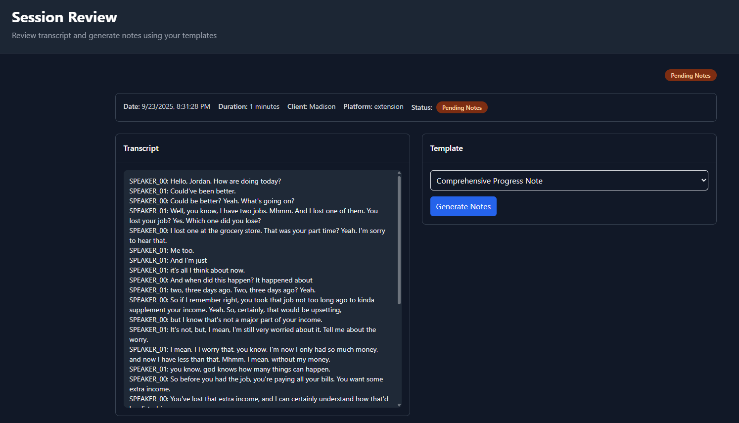 Transcript review interface showing conversation with speaker labels and template selection